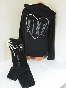 BLING Victoria Secret Pink LIGHTWEIGHT ❤️ Heart PULLOVER HOODIE CROP PANT S SET - Picture 1 of 9
