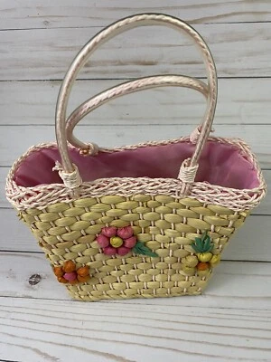 Cartera de Mano Floral Tejida de Rafia Años 70 De Colección Foto 1 de 4