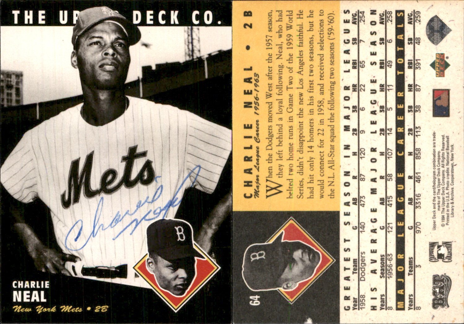 Charlie Neal Signed 1994 Upper Deck All-Time Heroes #64 Card New York Mets