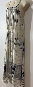 White/ Blue/Beige Sleeveless Long Summer Dress Pockets Size10 Polyester GC - Picture 1 of 6