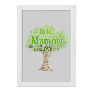 PERSONALIZADO ARTE DE PALABRAS ÁRBOL GENEALÓGICO CUMPLEAÑOS EDAD REGALO IMPRESIÓN IMAGEN - Imagen 1 de 3