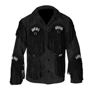 Chaqueta de cuero de gamuza con flecos y cuentas de vaquero occidental nativo americano para hombre - negra - Imagen 1 de 5