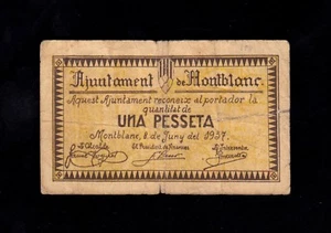 F.C. MONTBLANC (TARRAGONA), 1 PESSETA 1937 , MBC , SUCIO . - Picture 1 of 2