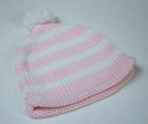 BABY GIRL 3M 6M PINK WHITE STRIPE POM POM HAT KNIT BEANIE 3-6M KNITTED COTTON - Picture 1 of 1