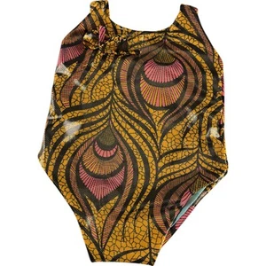 Peacock Gold Red Feather Print Girls Swimsuits Shinny One Piece Bathing Suit - Picture 1 of 7