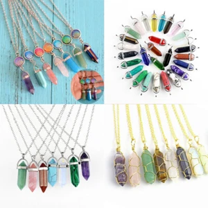 Natural Gemstone Necklace Chakra Stone Pendant Energy Healing Crystal w Chain - Picture 1 of 86