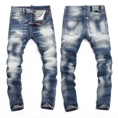 Pantalones de mezclilla ajustados elásticos desgastados de alta calidad con parche rasgado punk para hombre Foto 1 de 4