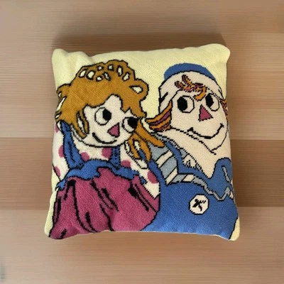 Vintage Embroidered Pillow Raggedy Ann And Andy Handmade Needlework Satin  - Image 1 of 4
