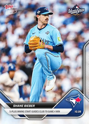 Shane Bieber Blue Jays 2025 MLB Topps NOW Card # 910 Game 4 win PRESALE - Image 1 of 2