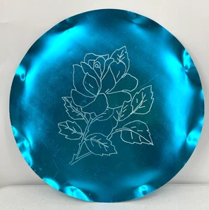 Mid-Century Blue Floral Etched Anodized Aluminum Round Metal Ruffled Edge Tray - Picture 1 of 7