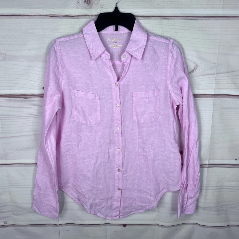 Camisa Lilly Pulitzer Top Mujer XS Rosa Vista Mar Lino Abotonada Manga Larga Sólida Foto 1 de 4