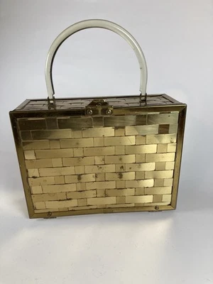 1950s Dorset Rex Unusual Gold  Basketweave Vintage Box Purse Lucite Handle - Image 1 of 4