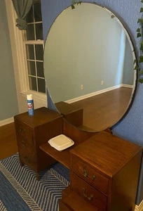 Vintage Unrestored 1930s Era Art Deco Waterfall Vanity With Round Mirror & Stool - Picture 1 of 2
