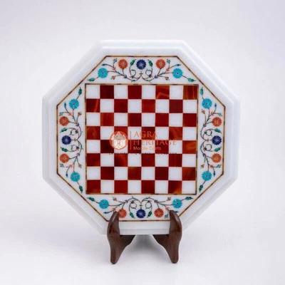 White Marble Handmade Decorative Chess Set Table Top Mosaic Inlaid Art Decor - Image 1 of 4