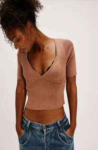 NWT FREE PEOPLE Teagan Swit Short Sleeve TOP XS LATTE - Picture 1 of 3