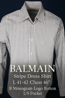 Camisa de Vestir Balmain Rayas L 41-42 Pecho 46" B Monograma Logo Botón L/S Bolsillo Foto 1 de 4