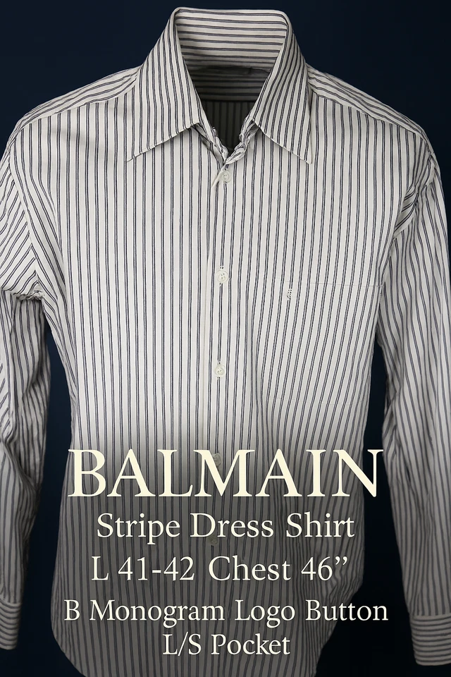 Camisa de Vestir Balmain Rayas L 41-42 Pecho 46" B Monograma Logo Botón L/S Bolsillo Foto 1 de 4