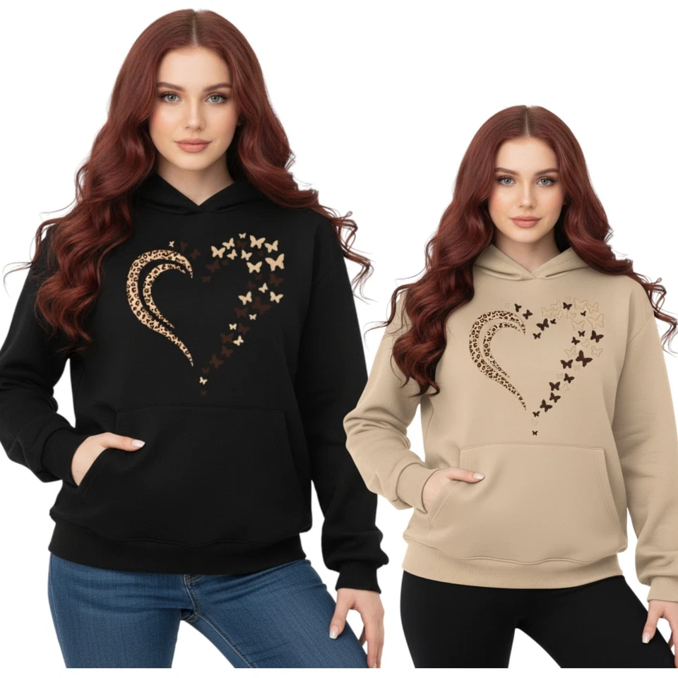 Sudadera con Capucha Damas Leopardo Corazón Mariposa Estampado Gráfico Mujeres con Bolsillos Foto 1 de 1