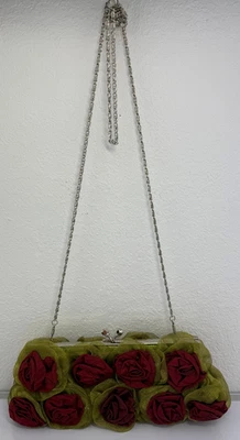 Stephanie Floral Evening Wedding Party Purse/Handbag 3D Roses satin cluth in red - Image 1 of 4