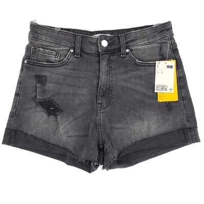 Pantalones Cortos de Jean H&M Talla 6 Negro Lavado Elástico Denim Puños Desgastados Festival NUEVO Foto 1 de 4
