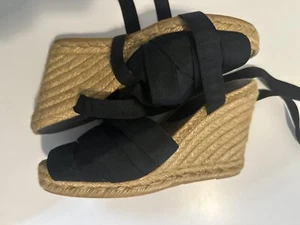 Donna Karan New York Black Ankle Wrap/Lace Up Espadrille Wedge Heel $285 Retail - Picture 1 of 18