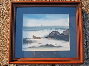 TABLEAU MARINE PAYSAGE GREVE AQUARELLE SIGNEE-1978-ENCADREMENT BOIS NEUF-38x33cm - Imagen 1 de 2