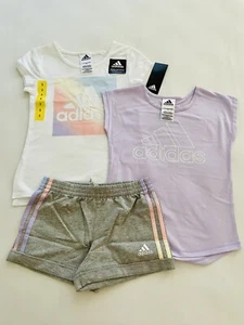NEW Adidas Girls' 3-Piece Set Variety Tee Shirts and Shorts White Gray Purple 5 - Picture 1 of 5