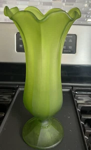 Westmoreland Green Satin Glass Scalloped Rim Pedestal Swung Vase 12.5 in tall - Picture 1 of 2