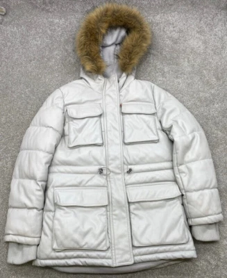 Abrigo Levi's Parka Para Mujer Pequeña Crema Katie Tela Ártica Borde de Piel Con Capucha Tormenta Foto 1 de 4