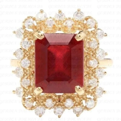 Anillo de compromiso de diamantes y rubíes naturales talla esmeralda de 5,50 quilates enchapado en oro amarillo de 18 quilates Foto 1 de 4