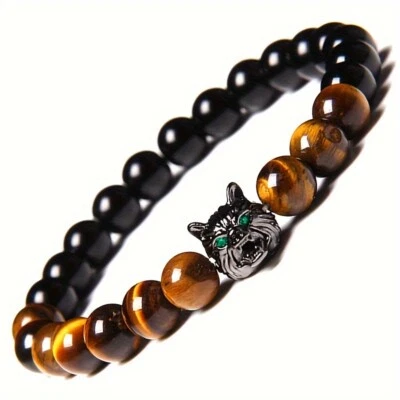 Pulseira masculina cabeça de lobo olho de tigre rocha vulcânica feita à mão pulseiras joias - Imagem 1 de 4
