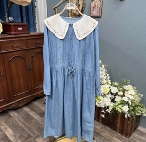 Langarm Jeanskleid Lolita Stickerei Blume blau elegant - Bild 1 von 1
