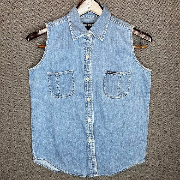 Camisa Mountain Lake Para Mujer Pequeña Azul Denim Vintage Años 90 Sin Mangas Abotonada  Foto 1 de 4