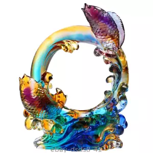 Chinesische Liu Li Kristallglas springende Karpfen Fisch Statue Feng Shui Wohndeko - Bild 1 von 5