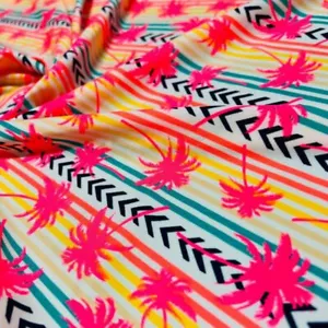 Spandex Fabric Palm Trees & Stripes Print Stretch 60" Wide Swimsuit By The Yard - Picture 1 of 6