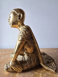Vintage Gold Gilt Leaf Wood Sariputra Buddha Monk Statue Thailand  11 3/4" Tall - Picture 1 of 13