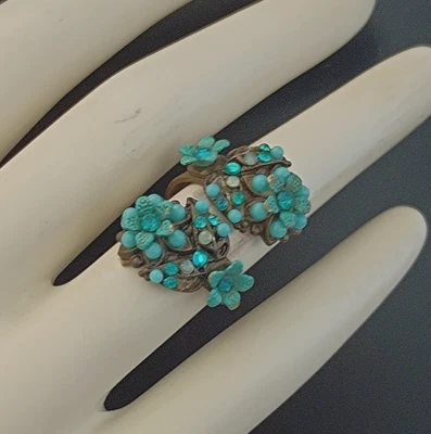 Anillo Michal Negrin Turquesa Esmalte Cristal Floral De Colección Vástago Dividido Declaración Foto 1 de 4