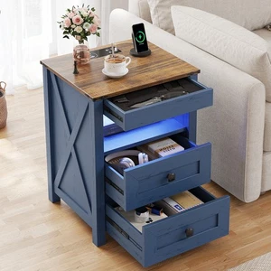 Nightstand with Gun Drawer, Bedside Table with Charging Station and LED Lights - Picture 1 of 25