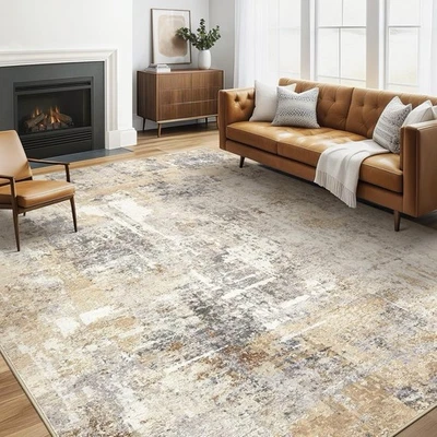 Washable Area Rug Abstract Modern Non-Slip Soft Carpet, Grey/Gold, 5x7 - Image 1 of 4