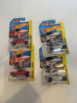 Camioneta pickup Ford F-150 HW todoterreno 2015 Hot Wheels '15 roja y plateada LOTE DE 4 Foto 1 de 4