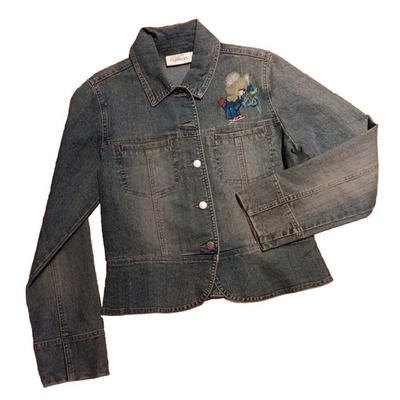 Chaqueta Chadwicks Denim Peplum Talla 10 Botón Delantero Pintado a Mano Oso de Peluche Foto 1 de 4