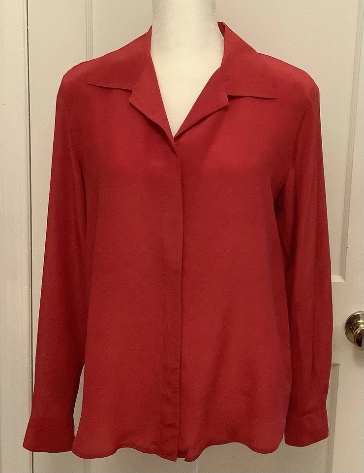 Blusa Christie & Jill De Colección 100% Seda Talla 6 Rojo Botón Delantero Almohadillas para los Hombros Carrera Foto 1 de 4