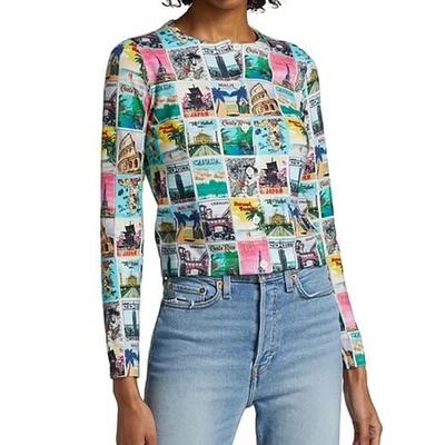 Alice + Olivia Sheila Wanderlust Cardigan Sweater Postcard Travel Print City M - Image 1 of 4
