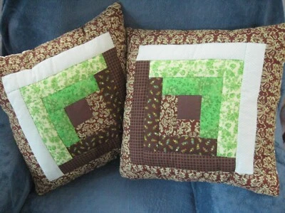 2 almohadas cuadradas para cabaña de troncos de 14" hechas a mano retazos verdes marrones Foto 1 de 4