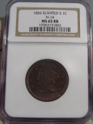 RARE BU GEM 1856 Slanted "5" Large Cent NGC MS65 RB N-14 Variety.   - Image 1 of 4