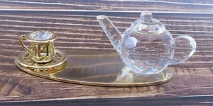Crystal Delight Mascot Inc Crystal Teapot Cup Saucer Set on 24K Gold Plate Tray - Picture 1 of 7