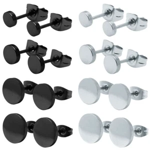 1 Pair Earrings Earrings Round Stainless Steel Black Silver - Picture 1 of 6