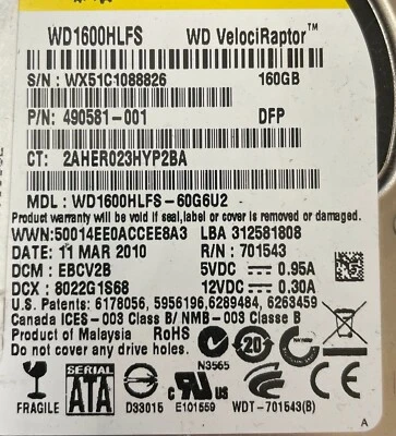 WD1600HLFS-60G6U2 490581-001 508029-001 11 MAR 2010 DCM EBCV2B MALAYSIA - Image 1 of 2