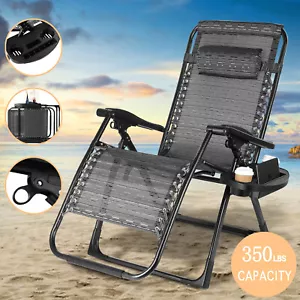 New Black Oversized Folding Beach Chair Recliner Lounge Patio Pool w/ Cup Holder - Picture 1 of 23