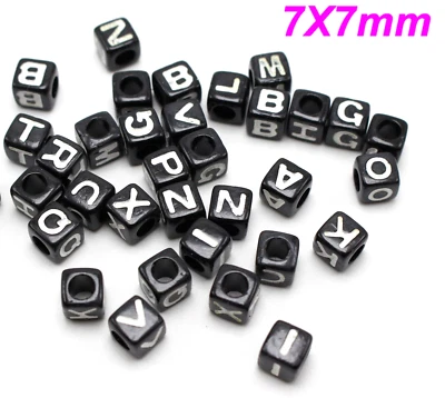 200 cuentas de pony cubo letras alfabeto surtidas negras con blancas 7x7 mm para artesanía Foto 1 de 4